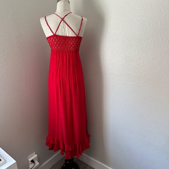 Free People One Adella Boho Lace Maxi Dress Strappy Ruched Red Sz XS - Picture 3 of 11